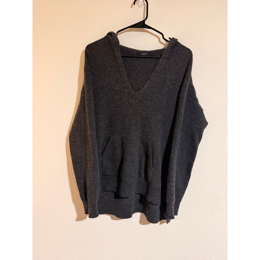 Lusso Cashmere Chloe Gray 100% Cashmere V Neck Hooded Tunic Sweater Large